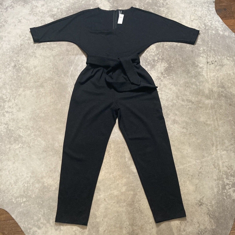 Anthropologie Jumpsuit Womens Size XS Sutton Ponte Black Belted Pockets V Neck